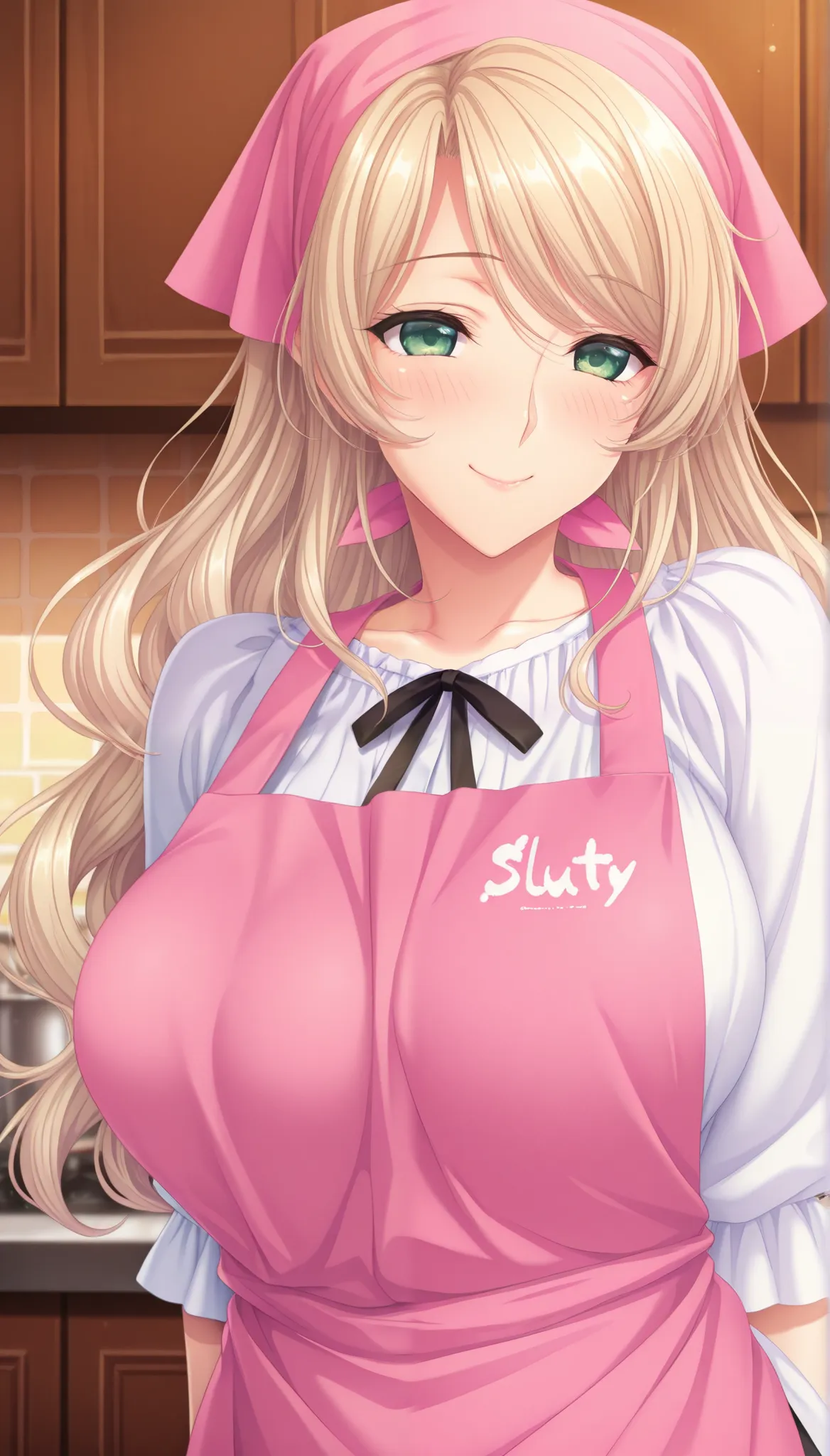 masterpiece, best quality, good quality, 1girl, blonde_hair, long_hair, wavy hair, parted to side, green eyes, medium breast, slim, mature, game cg style,blush, horny, slutty, smile, apron, head scarf
