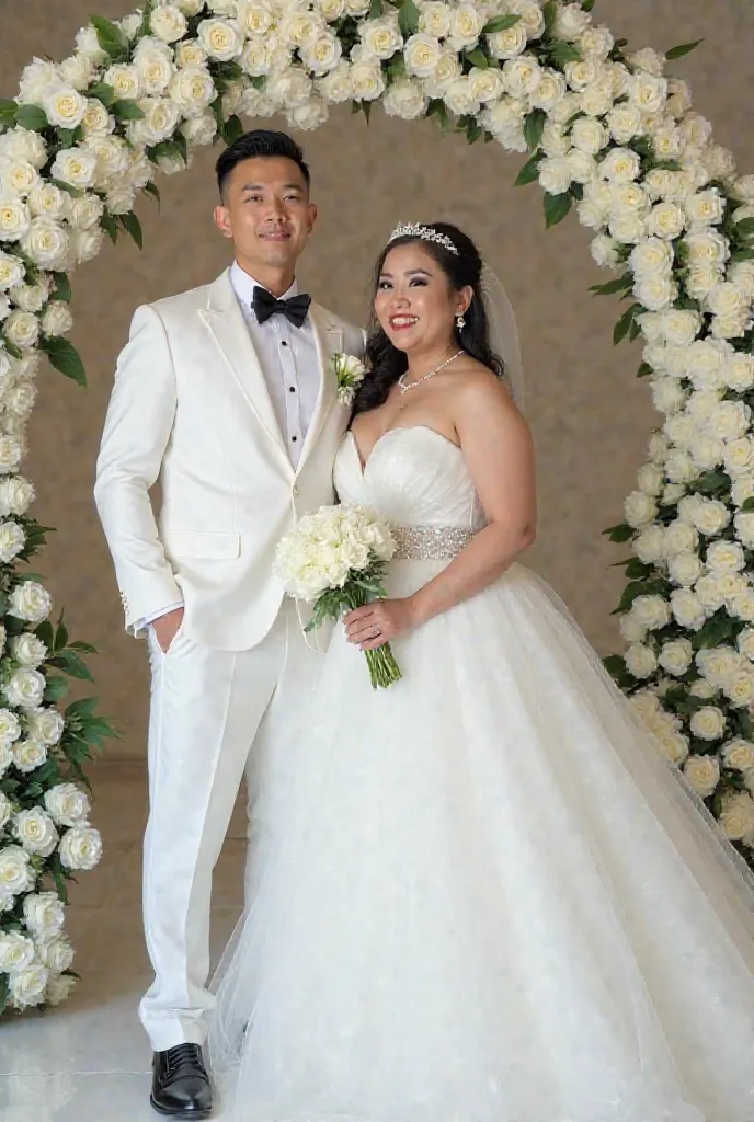 a bueatiful filipino sweet  couple a male  wearing a white wedding outfit and white elegant coat and black shoes and the female large body frame   wearing a elegant ballon wedding dress and white heels while standing in the venue " with archo of  white ros...