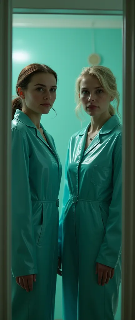 Latex PVC teal medical dress two mature doctor psychiatrist Lyuba and Olga with pervert smile invade into your home