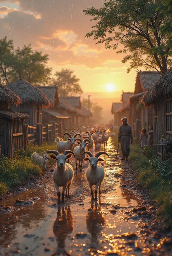 *"A cute cat herding goats back to its village after a refreshing rain. The cat, small but confident, walks ahead of the goats with its tail held high, guiding them along a muddy, well-trodden path. The goats, still damp from the rain, follow closely, thei...