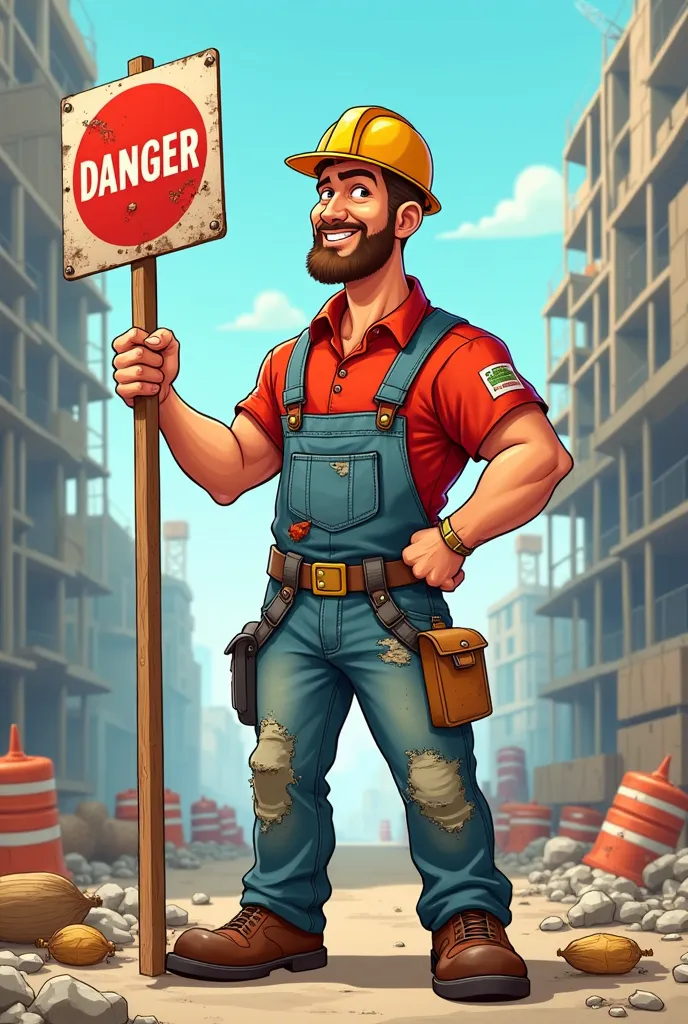 Cartoon of construction man with Danger sign