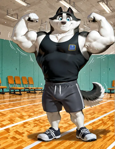Duke (Arctic Dogs), anthro dog, black fur, white fur, male, blue eyes, high quality, full body, focus on chests bouncing, solo, gym background, thick arms, muscular, black tank top, dark gray gym shorts, gym shoes, flexing pecs
