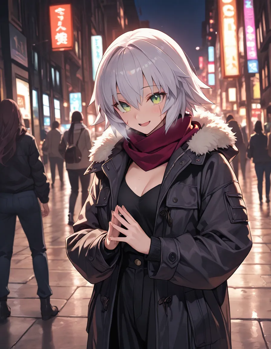 (​masterpiece, top-quality, hight resolution, Unity 8k, extremely details CG:1,Best Picture), 1girl, jack the ripper /(fate/apocrypha/) , Prostitutes, touts, nightlife, Sexual atmosphere, moistened eyes, whore smile, street whore,  A beautiful woman stands...