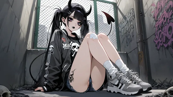 skinny tired girl is belong to emo/goth subculture. She has obsidian black scene hair with highlighted white strands, her hairstyle looks as a long emo bangs that hide half of her face, long hair gathered in two black high messy spiky long pigtails. Sh...
