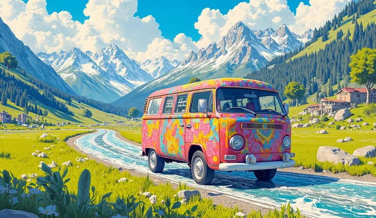 A colorful van driving on a tranquil road, surrounded by lush green meadows and majestic mountains ahead, vibrant colors, serene atmosphere, dynamic perspective --ar 16:9 --s 100