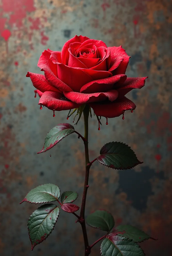 a red rose with drops of red paint on the background wall 