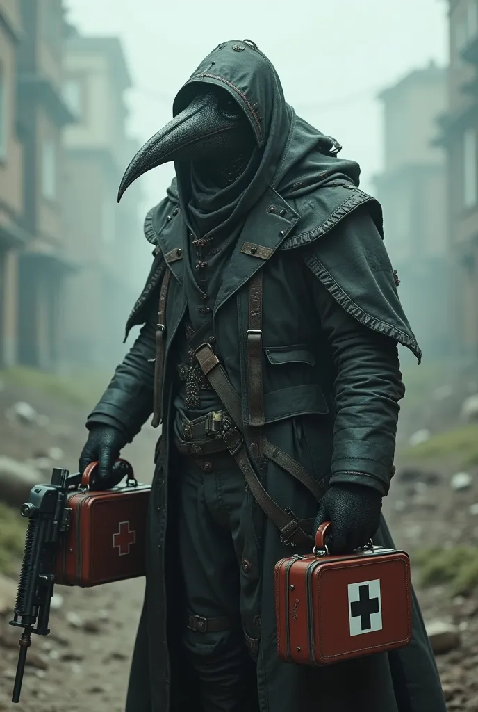 Plague doctor in protective suit carrying a first aid kit and machine gun