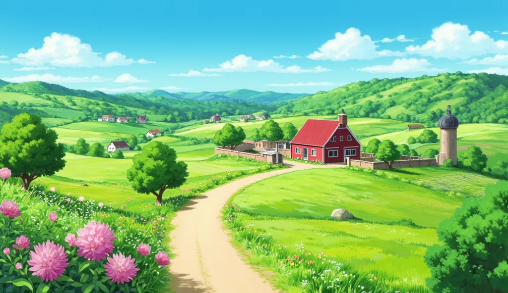 A beautiful farm with a road leading to the farmhouse, surrounded by trees and green fields on a sunny day, illustrated in a vibrant anime style, bright colors, whimsical atmosphere, detailed scenery --ar 16:9 --s 100
