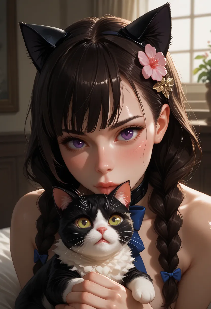 a girl, naked, animal ears, purple eyes, brown hair, alas, Alone , long hair, blush, cat ears, flores, looking at the viewer, braids, arches, dresses, pink flores, arches, hair accessories, blows, cats, hair flower, animal ear hair, supporting,  virtual yo...