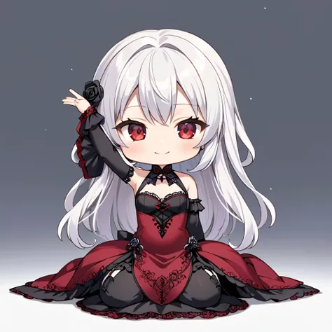 Gothic Maiden Anime Girl, beautiful charming anime girl,White-haired goddess, red eyes, red dress, alone, from the front, smile, chibi, ((seiza)), ((sitting)), One arm raised up, simple background