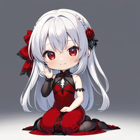 Gothic Maiden Anime Girl, beautiful charming anime girl,White-haired goddess, red eyes, red dress, alone, from the front, smile, chibi, ((seiza)), ((sitting)), One arm raised up, simple background
