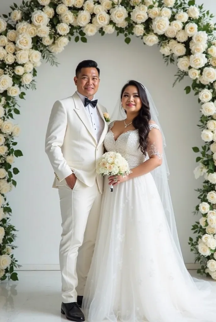 a real bueatiful filipino sweet  couple a male  wearing a white wedding outfit and white elegant coat and black shoes and the female large body frame   wearing a elegant ballon sexy  wedding dress and white heels while standing in the venue " with archo of...