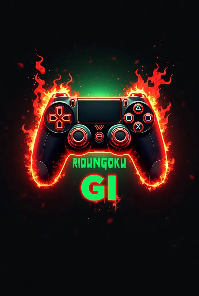 This is a gaming logo that features the name " RIDUNGOKU GI " in a futuristic font red and green color. and fire Anime avtar, The logo also has a stylized controller icon and fire in the background. The logo is designed to be attractive and eye-catching, a...