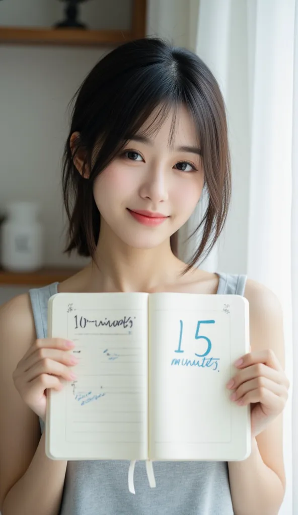 Cute Japanese woman with short black hair looking refreshed and confident, transformed apartment space, morning light, peaceful expression, holding up journal showing "15 minutes" with checkmarks, looking directly at camera with encouraging smile, lifestyl...