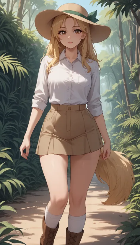 (Masterpiece) (High Detail) (High Res) A curvy slim Humanoid canine female with pale human skin and brown eyes and long blonde straight hair and fluffy blonde floppy golden retriever dog canine ears and a long fluffy blonde golden retriever dog canine tail...