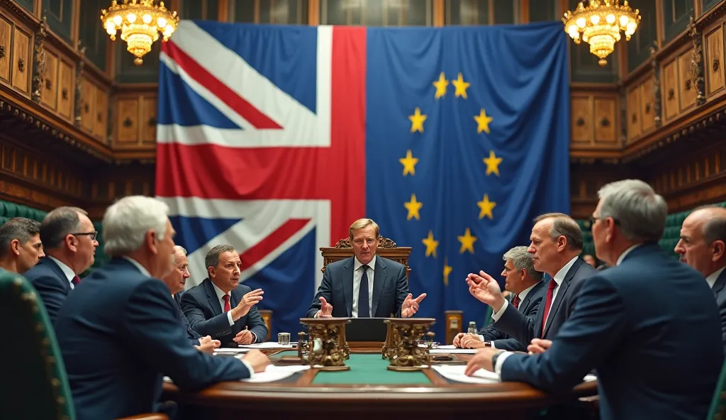 British politicians debating in Parliament, with a UK-EU flag split in the background, and Commonwealth trade representatives observing the negotiations.