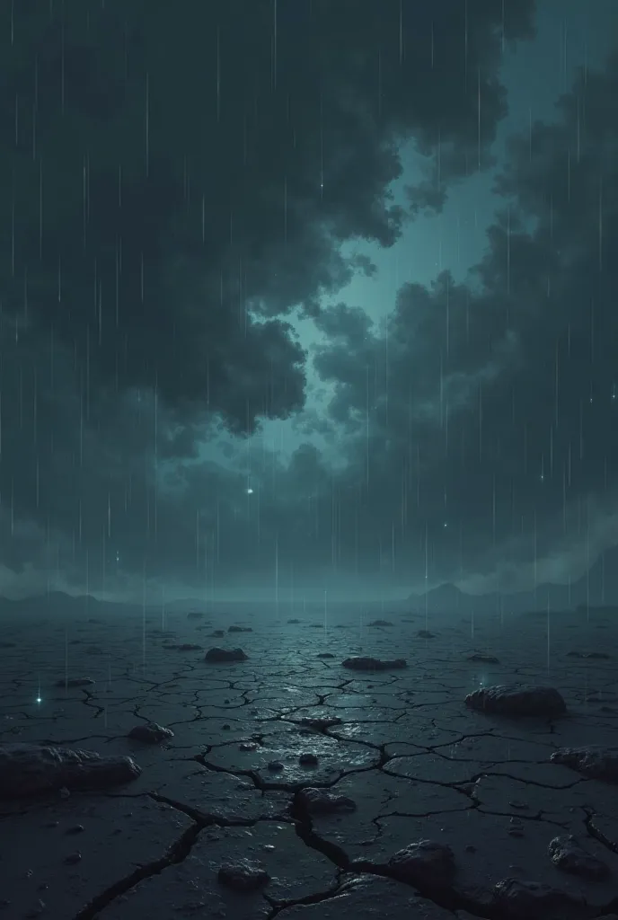 Background de jogos gacha (open field) (Various dark-hued colors across the sky) (cracked ground) (ground with shiny stones) (Raining black paint) (gloomy weather) (Focus of light on glowing stones) 