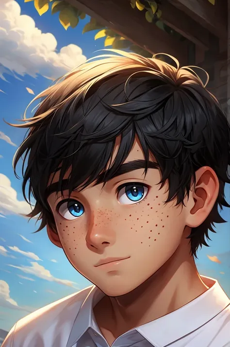 A  human boy with dark black hair, and freckles, he has sky blue eyes and he has a scar down his left eye