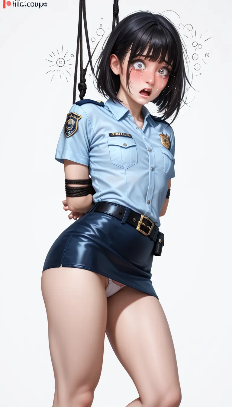 Beautiful Japanese Woman,( 1girl :1.5),(slender body:1.2),( small tits:1.0),( empty white background:1.7),(Very Very Short sleeve police shirt:1.2),(ultra mini police skirt that shocked me:1.2),(black leather equipped police belt:1.2),real skin ,small brea...