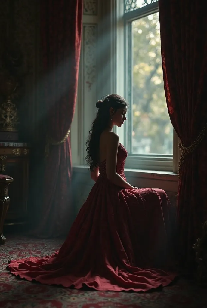 Amira sits silently in her palace, wearing an elegant dress, and her eyes are on the horizon.. The atmosphere is calm, and the dim light from the window adds a magical touch, as if she is in another world.

