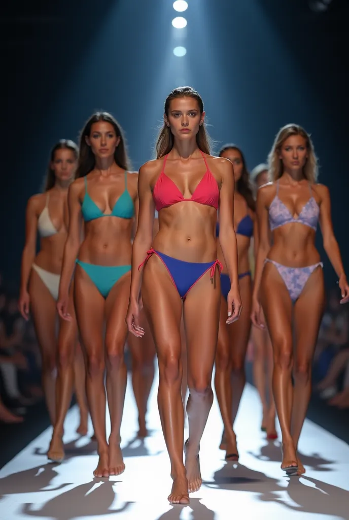 Luxurious catwalk lit by bright spotlights, with a long, a shiny podium that stretches through the glamorous hall. Prelepe, slender and handsome models of different body types and skin tones proudly step, wearing fashionable swimsuits in a variety of color...