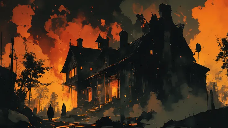 Burning medieval house, fire illuminating the night sky, thick smoke rising, mysterious cloaked figures lurking in the shadows, a covered in soot, eyes wide with terror, cinematic lighting, dramatic storytelling, ultra-detailed, dark fantasy atmosphere