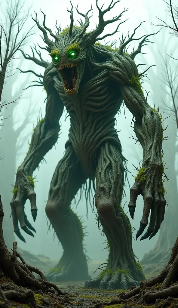 "A colossal creature made of wood twisted and exposed roots, with a gnarled and cracked trunk that forms your body. Your arms are thick and sharp branches, covered with moss and vines, and their hands end in long claws of rough bark. Your eyes They show an...