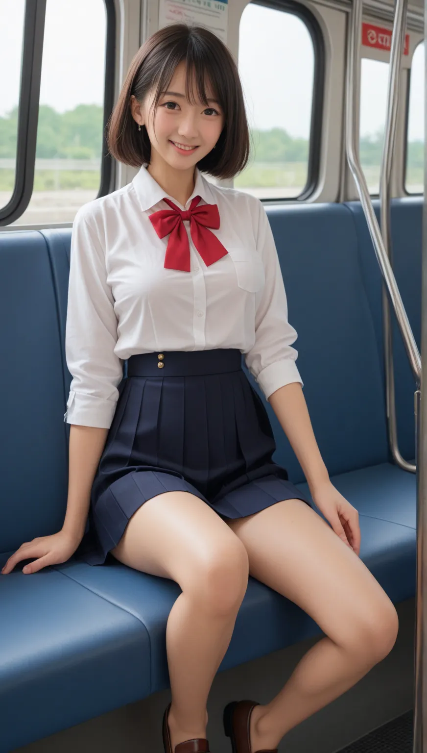  loafers white,  on the train, beautiful,  normal Japanese face ,   very fine skin , best quality ,  very detailed face,  Brilliant Color, ((curved body)), one girl, alone, smiling happily   , black hair, Skirt, Beautiful breasts、 shirtless,  red ribbon,  ...