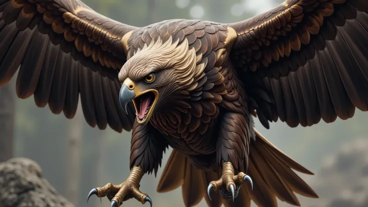 A realistic depiction of an eagle with wings spread wide in an aggressive attack position. Its feathers shine in a bronze color, its beak gleams like brass, and its piercing yellow eyes convey intensity. The eagle's talons appear as sharp, metallic claws o...