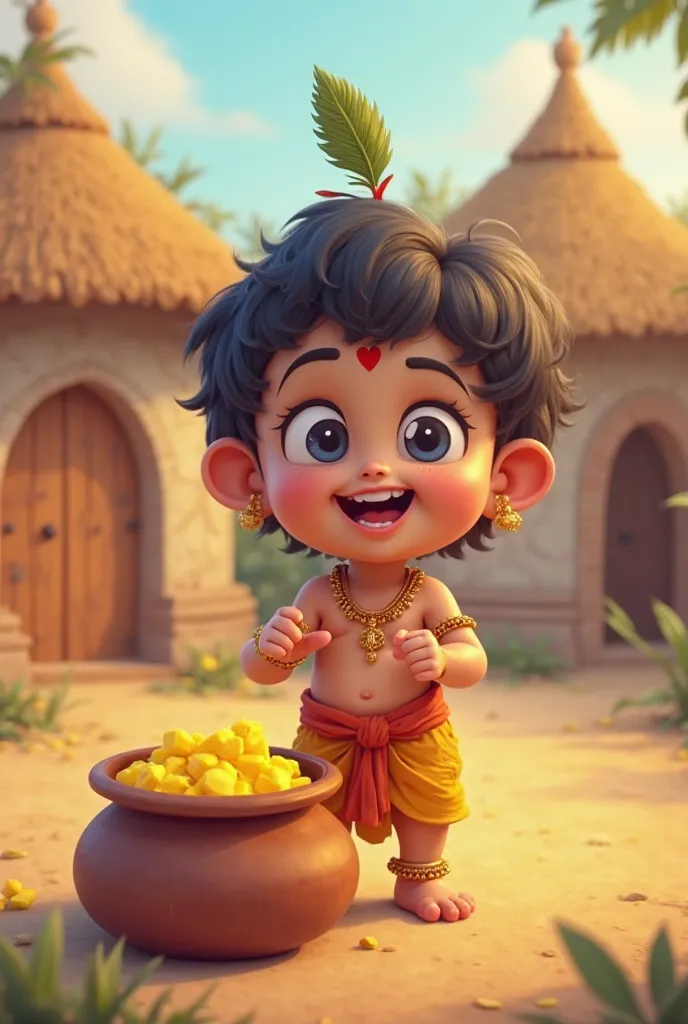 Create image a 3D cartoon style illustration of little baby Krishna stealing butter from a pot.The background features traditional huts of Gokul and cowherd boys.


 His eyes reflect mischief and innocence
