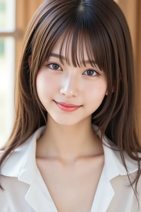 face positioned accurately in the center of the image, Upper chest, head is fully reflected with tight tension, face is clearly visible as a full body shot, white shirt, Women's Room Background 、long hair around my chest, Bangs, smile, young and cute Japan...