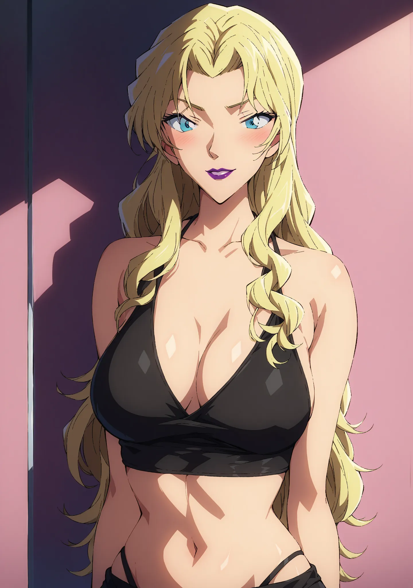 masterpiece,best quality,{{detailed beautiful face and eyes}}, very detailed background,
Vermouth,long hair,blonde hair,parted bangs,light purple lipstick,makeup,half closed eyes,blue eyes,large breasts,
front chuck hoodie,black bikini,
solo,1house wife,(i...