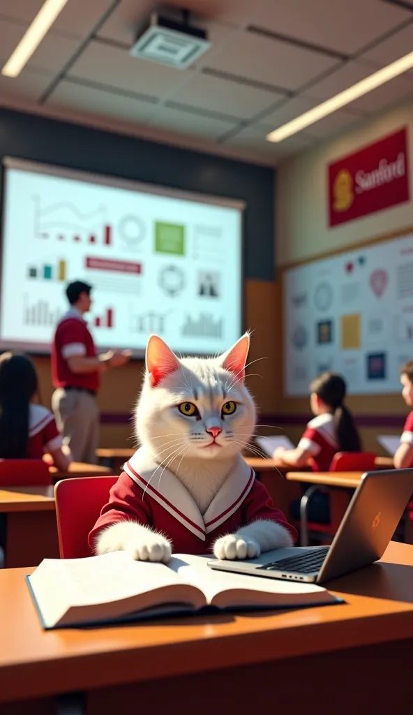  สไตล์Cinematic
Prompt:

A hyper-realistic scene of a white female cat with human-like features, dressed in a Stanford University student uniform, sitting attentively at a desk in a lecture hall. She is focused on her laptop, typing notes while a textbook ...