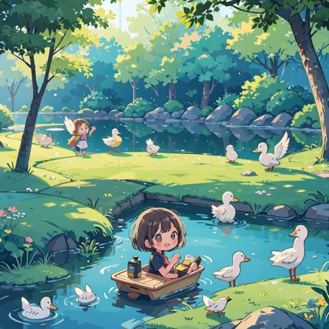 Morning Park、girl watching over a family of spot-billed ducks swimming in a pond、smile、tree々sunlight passing through、 synchrotron radiation 、The 