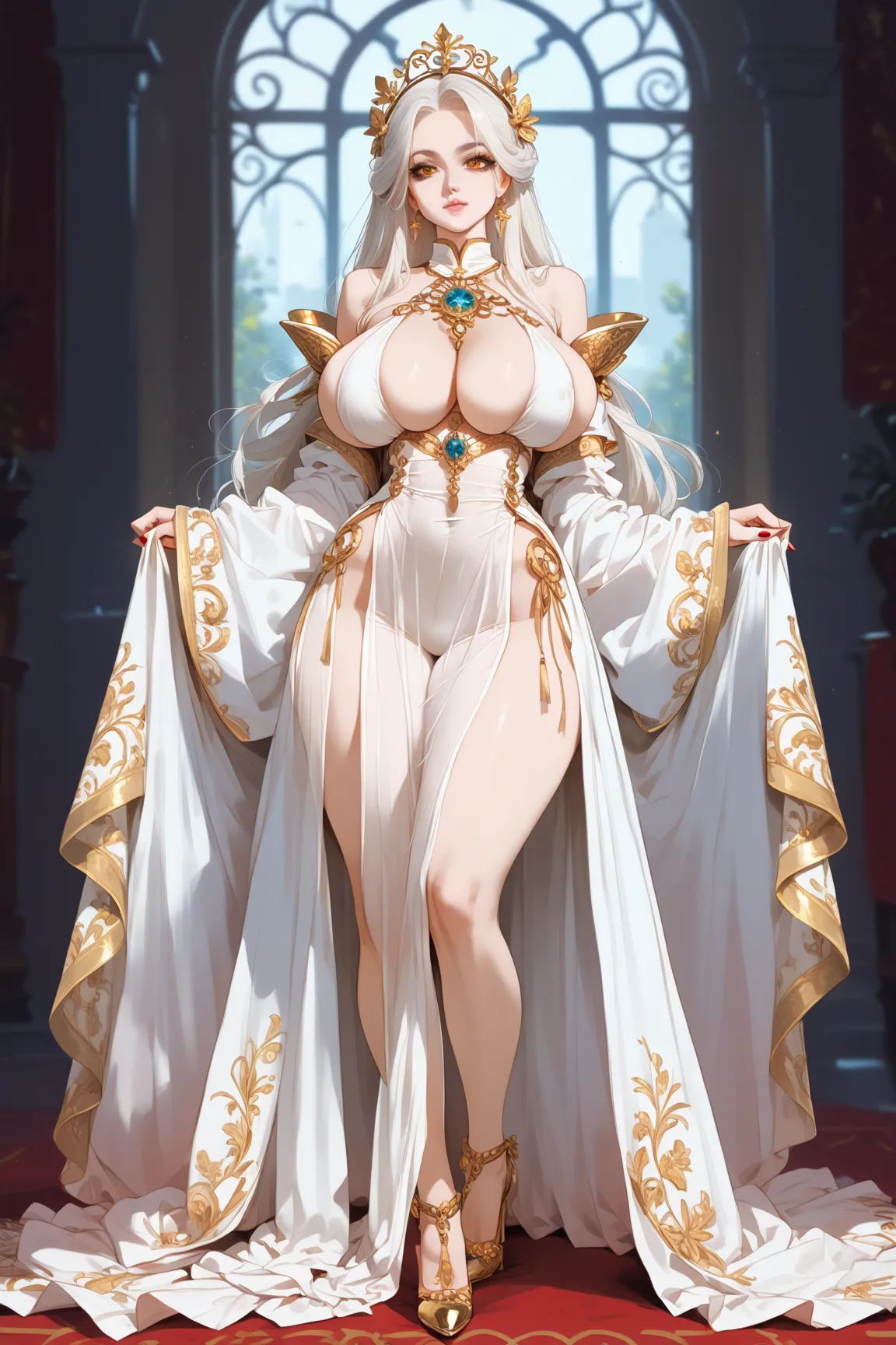 ((2D artwork image:1.2)),FFaceDetail,A sexy woman, white hair, long hair, amber eyes, compassionate gaze,((giant tits)),standing, heavenly clothes, sexy clothes, a Goddess,pureerosface_v1, expressive, intricate details_XL,