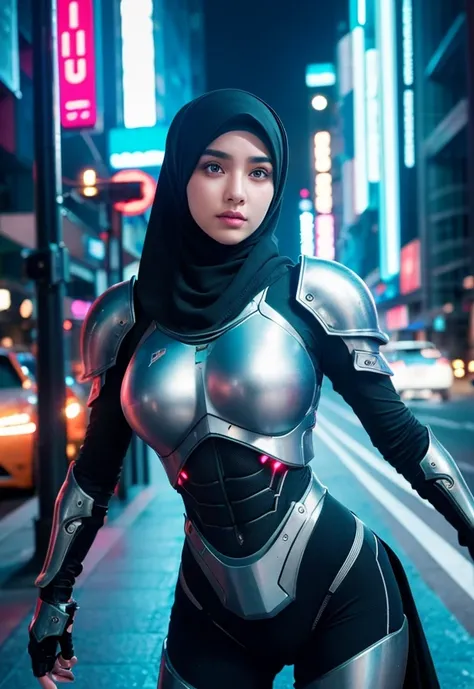   1girl  , hijab,  cyborg ,   futuristic armor , Neon City , blurred background, intricate details, cinematic lighting, vibrant colors, hyperrealistic, octane render, photorealistic, 8k, best quality, masterpiece, ultra-detailed,  sharp focus , physics-bas...