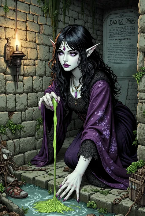 (Ultra-detailed face, Looking away, Gothic Illustration, Dark tone colors. She has five fingers on her hands and five toes on her feet.), BREAK
(A sewer ditch in a medieval European city. Dirty mossy stone walls, garbage strewn floors and sewage flowing d...