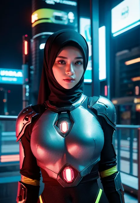   1girl  , hijab,  cyborg ,   futuristic armor , Neon City , blurred background, intricate details, cinematic lighting, vibrant colors, hyperrealistic, octane render, photorealistic, 8k, best quality, masterpiece, ultra-detailed,  sharp focus , physics-bas...