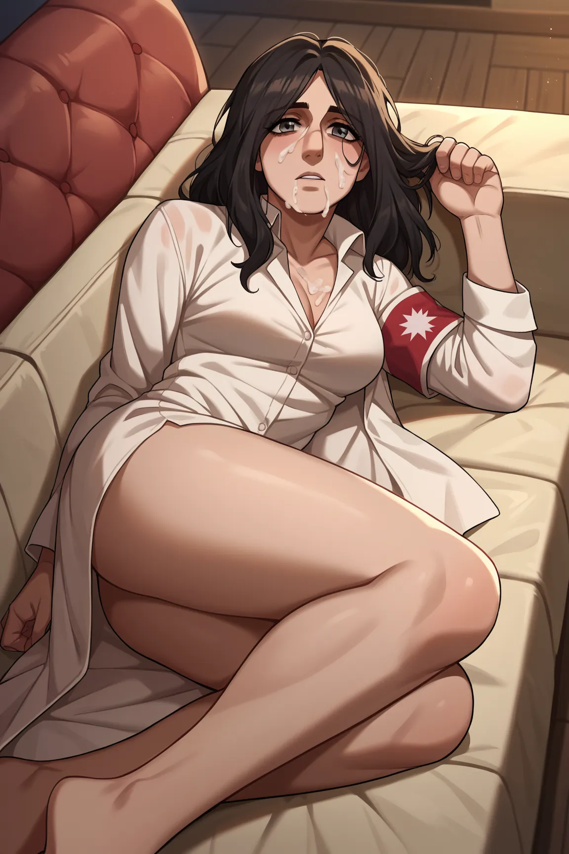 score_9, score_8_up, score_7_up, score_6_up, score_5_up, score_4_up, masterpiece, high quality, BREAK, full body, BREAK, 1girl,  laying on side, thighs, laying on couch, Pieck Finger, long black hair, messy hair, large breasts, narrow waist, red armband, g...