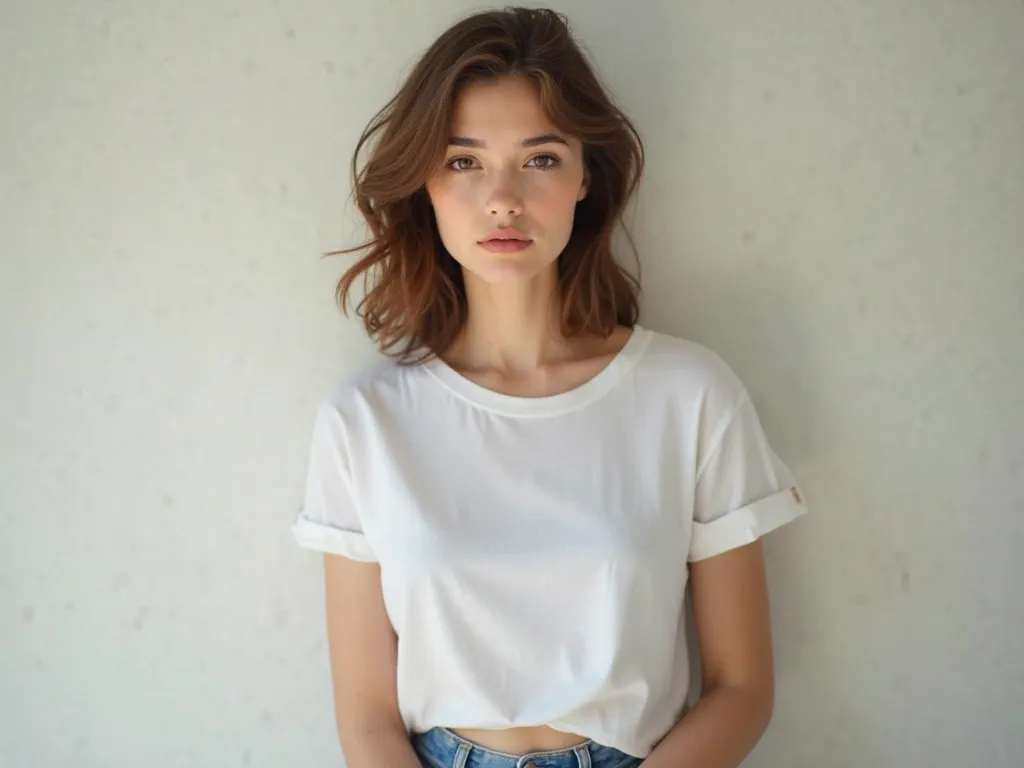 a beautiful woman with a white t-shirt and blue jeans