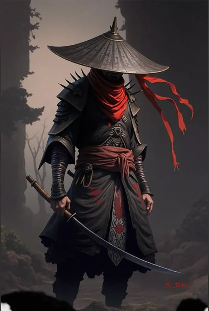 A samurai with a red scarf and hat stands