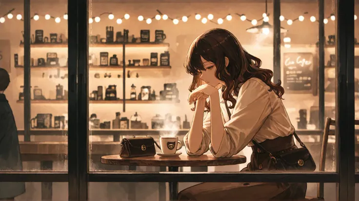 *A busy city café in the late afternoon. Through a large glass window, a woman with long wavy auburn hair stands outside, motionless. She wears a fitted coat over her dress, her hands gripping the strap of her purse.
Inside the café, a man with short dark...