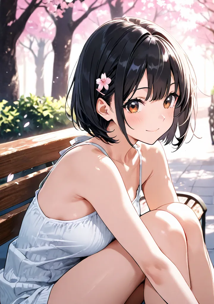 ( masterpiece), top quality , natural light, , Diffuse Light, alone,  Beautiful Anime  、 Beautiful Artistic Style , 赤い頬、( beautiful eyes), brown eyes, black hair, hair accessory、hair bite,bob cut、（night park、 cherry blossoms at night、hair fluttering in the...