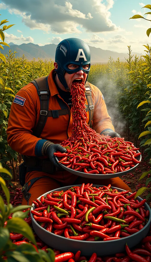 A highly detailed digital painting of Captain America wearing an orange jumpsuit while still donning his iconic mask. He is in the middle of a sprawling chili farm, surrounded by rows of vibrant red and green chili plants. He is intensely devouring an enor...