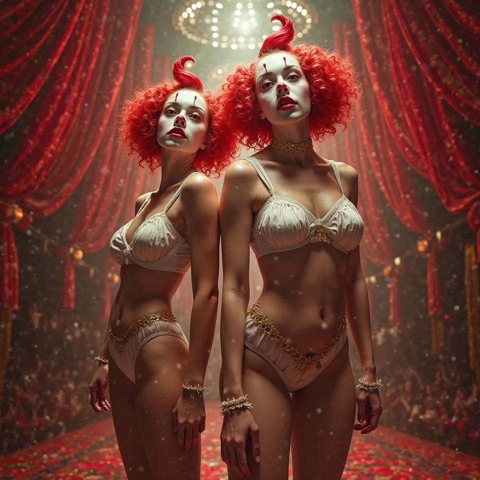 White and red circus,  gold details, Name 'clowns' in the spotlight,  detailed scene, expressive facial expressions, dramatic stance, vibrant colors, theatrical lighting, ornate stage, Magical atmosphere, digital art, oil painting,  resolution 8k, photorea...