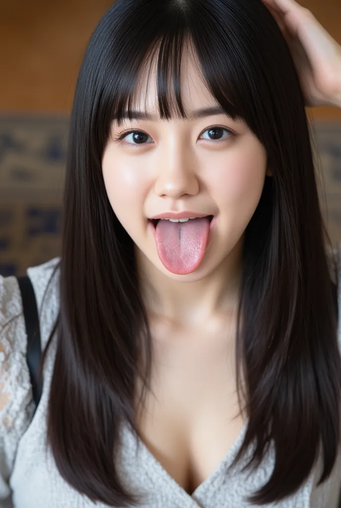 girls,    black hair,  Long Hair ,  open your mouth  wide and stick your tongue out, Accurate eye expressions, Correct tongue expression, sticking out her tongue, Accurate facial expression, masterpiece,  Ultra High Resolution , very well detailed, details...