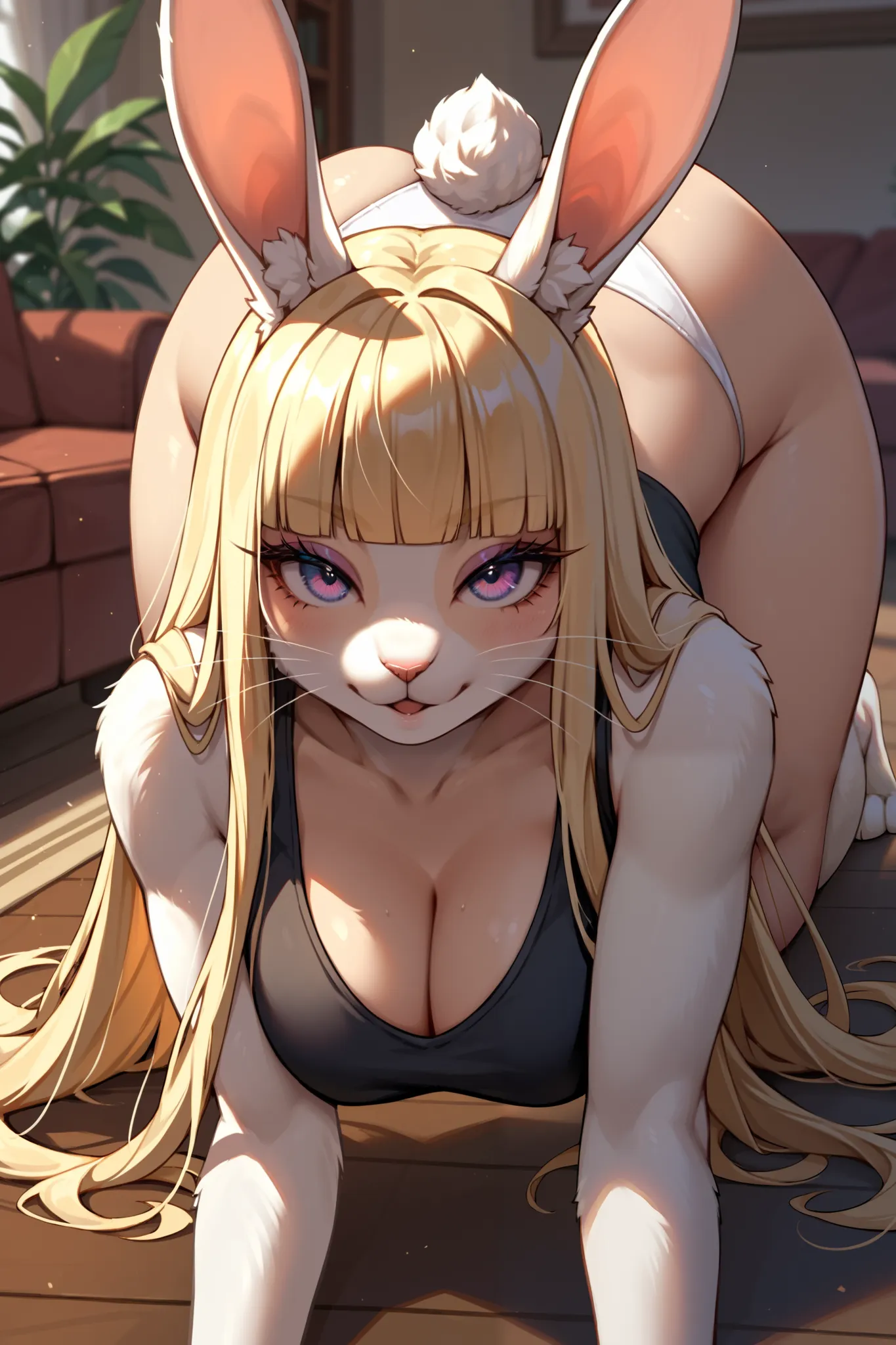 Score_9, Score_8_up, Score_7_up, Score_6_up, Score_5_up, Score_4_up, Source_anime, Tag1, Tag2, Quality_masterpiece, vibrant colors, Anatomically correct, 1girl, furry, detailed fluffy fur, big breasts, big ass, thin waist, thick thighs, Eyelashes, bunny gi...