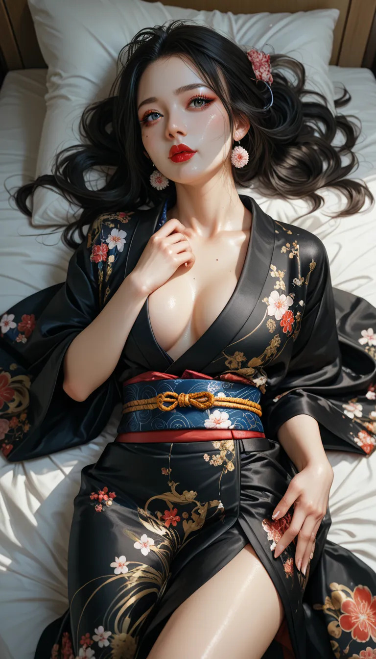  Japanese Girl Scouter,  Black kimono, geisha,   8K resolution , beautiful kimono,  Bedroom,  lipstick,  Lie flat ,   look from above  , facial mole, turn off , Dress in a kimono.,  big 