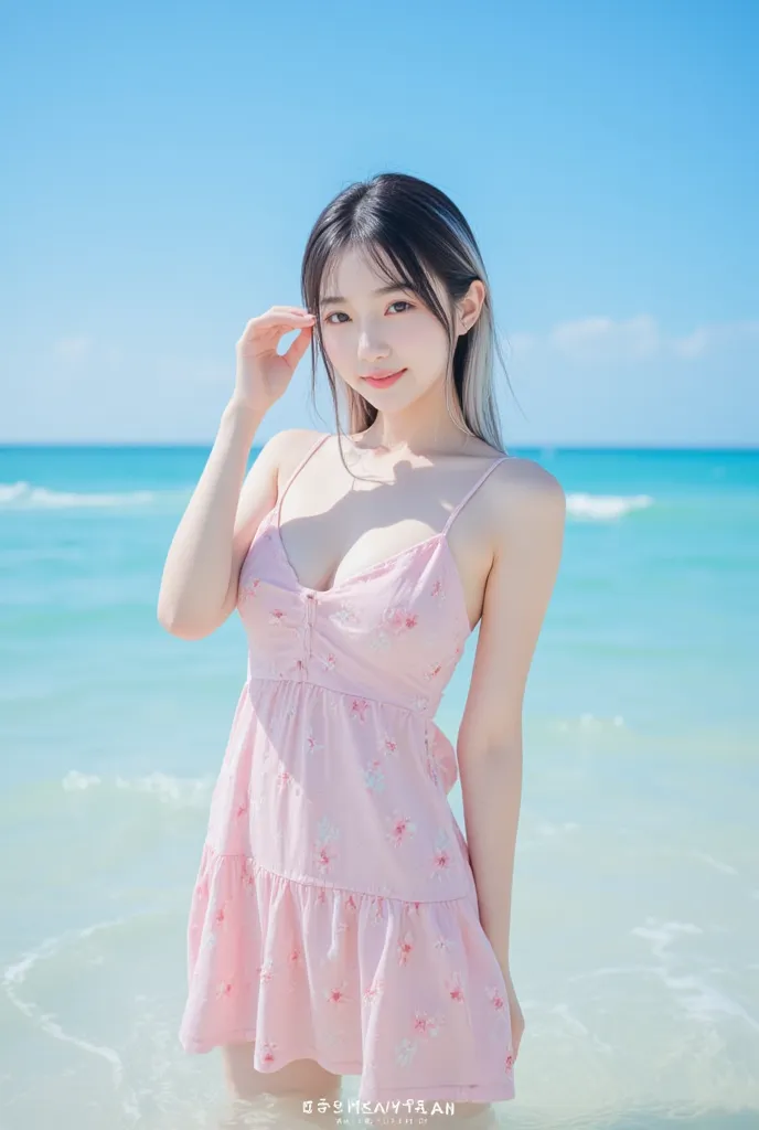 Closed up  Asian woman with long black &white hair, standing in shallow ocean water, wearing a pink   dress flowers pattern , bright sunlight, clear blue sky, watermark, slender physique, small breasts, smiling, watermark in the bottom center, high quality...