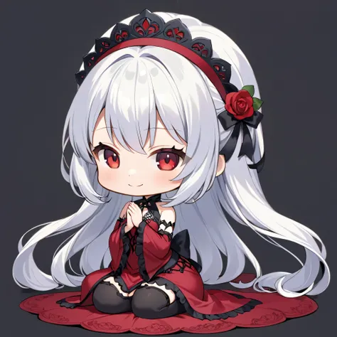 Gothic Maiden Anime Girl, beautiful charming anime girl,White-haired goddess, red eyes, red dress, alone, from the front, smile, chibi, ((seiza)), ((sitting)), One arm raised up, simple background